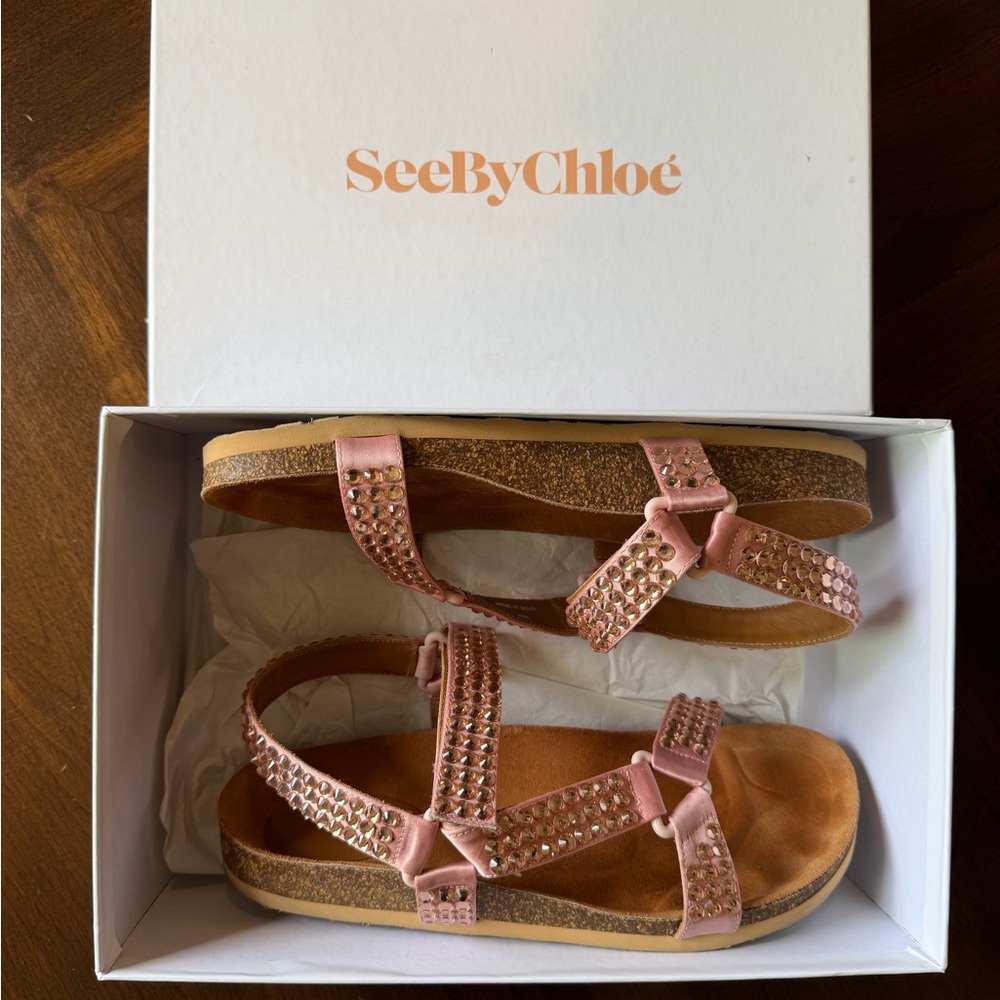 See by Chloé Pink Satin Strass Cork Sandals